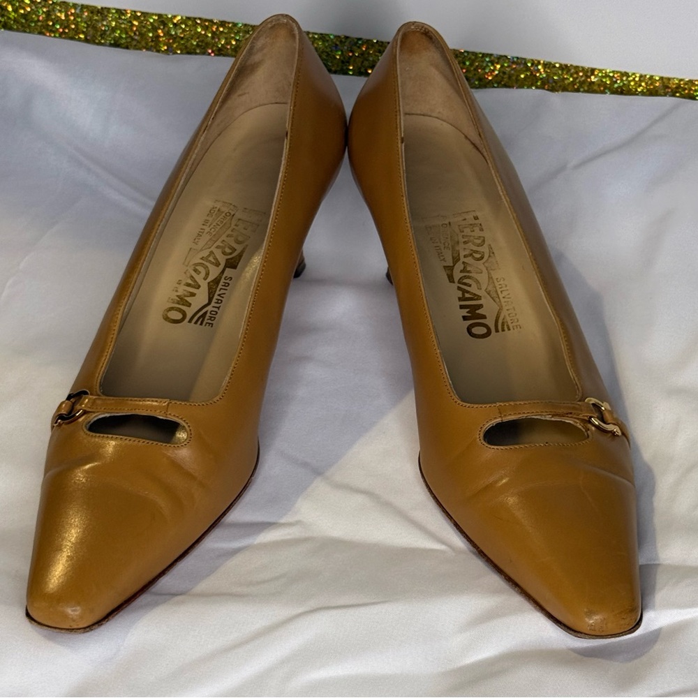 Salvatore Ferragamo Mustard Tan Leather Pointed-Toe Pumps with Signature Accent